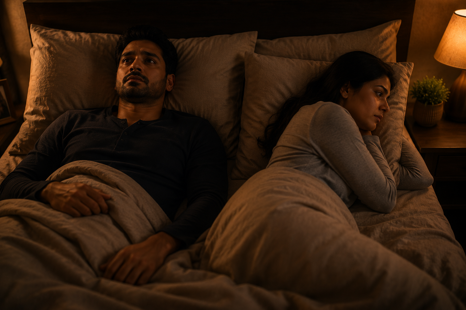 Indian couple experiencing emotional distance in bedroom